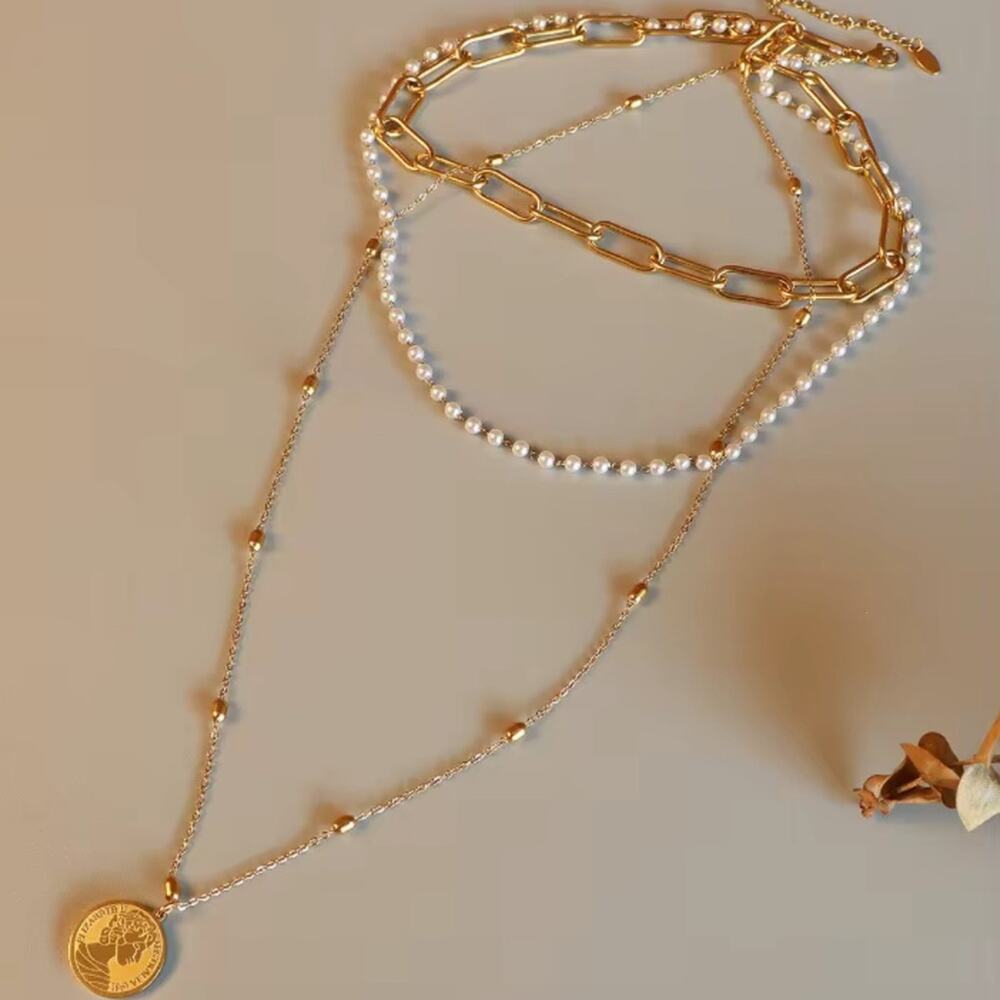 Gold Layered Chain Pearl Coin Pendant Necklace Set